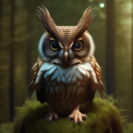 intricate details, realistic, octane, unreal engine, portrait, natural lighting,shiny, Photorealism, High detail, Hyper realistic Owl in forest, macro lens blur,sharp focus,masterpiece trending by artstation