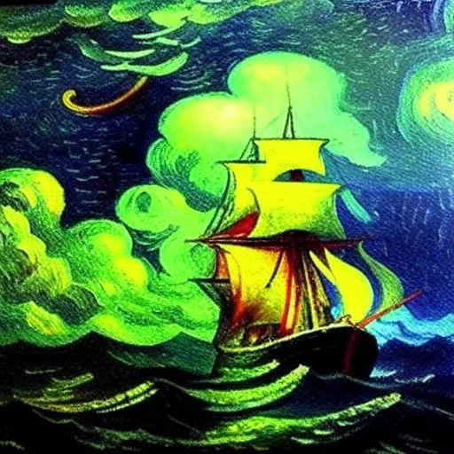 Dibujo al oleo de un Viejo Barco Pirata navegando en la tormenta, lighting, con nubes estilo Vincent van Gogh 8k