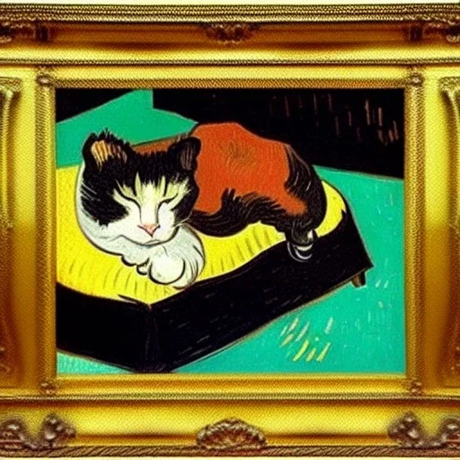 oil portrait of tricolor pattern Cat sleeping in a black sofa by VINCENT VAN GOGH 8k