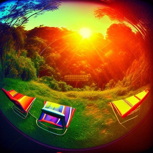 Sunset in a tropical jungle with lawn chairs, blue red and yellow. Distorted. Fisheye. Bokeh. Blur.