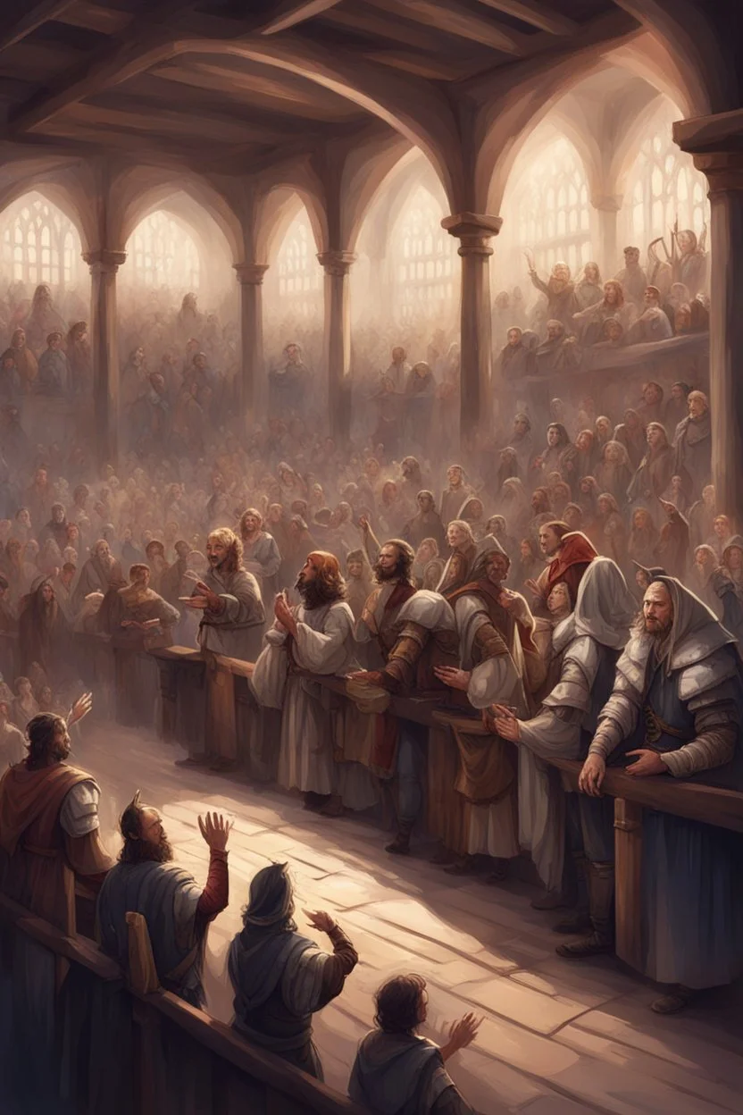 illustration fantasy medieval people applauding in arena stalls