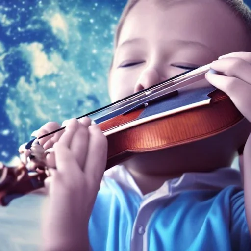 boy playing violin in space