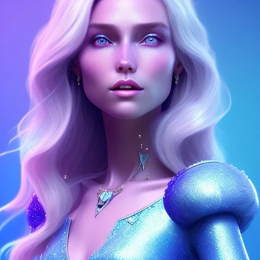 A portrait of a full body crystalised blue pink queen,smiling face, blue eyes, long blond hair, atmospheric, realistic, unreal engine, lighting