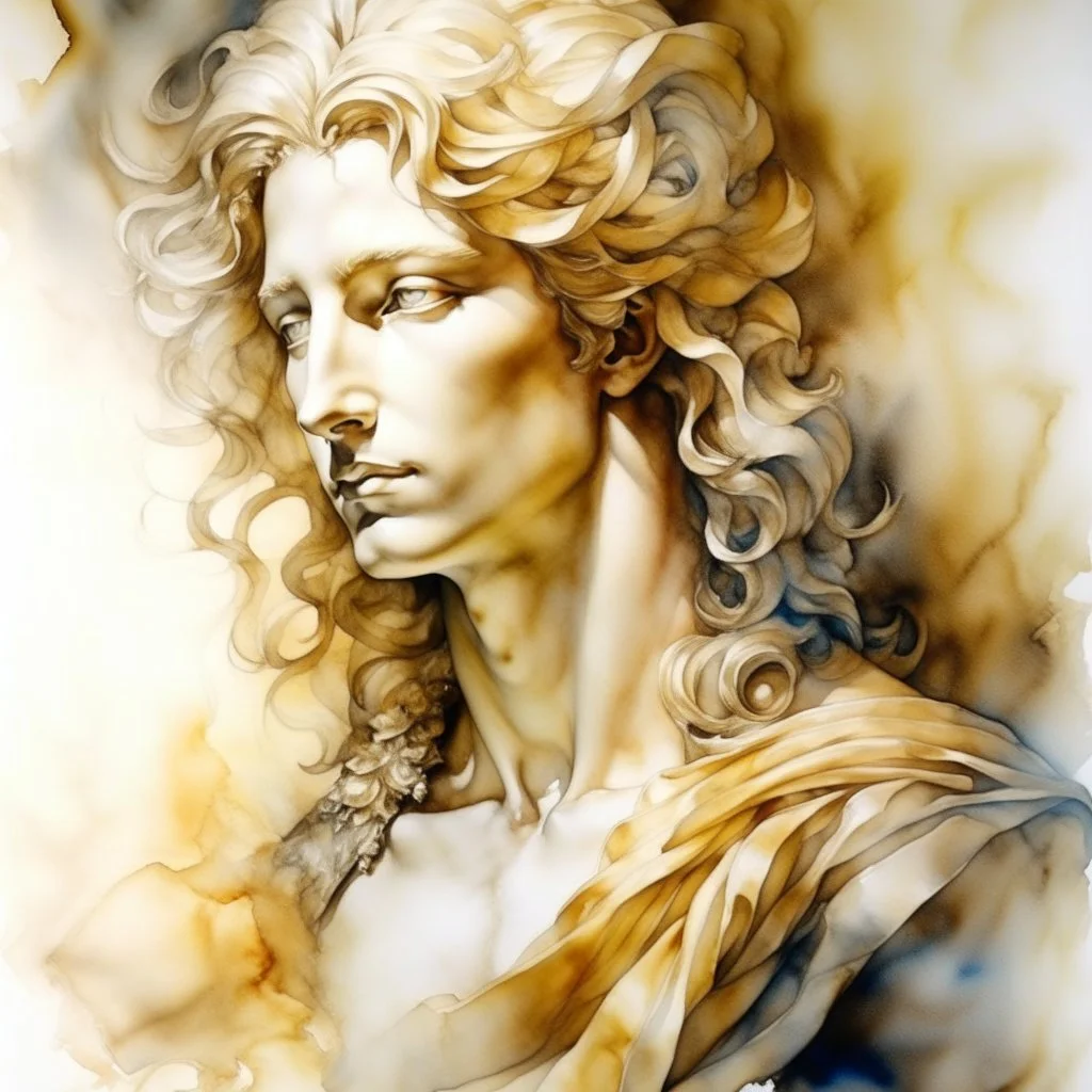 fantasy, dramatic portrait, marble statue of an elf male, watercolour, golden hair,