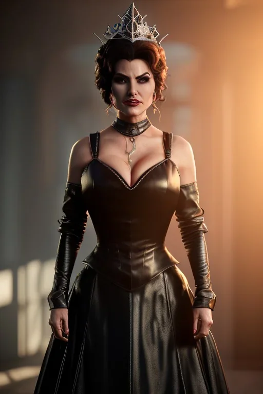 Lisa Ann as evil queen in black leather gown, cleavage, angry, stern look, unreal 5, octane render,cinema4d, dynamic lighting, dramatic lighting, 4k, redshift render, highly detailed, hyper realistic