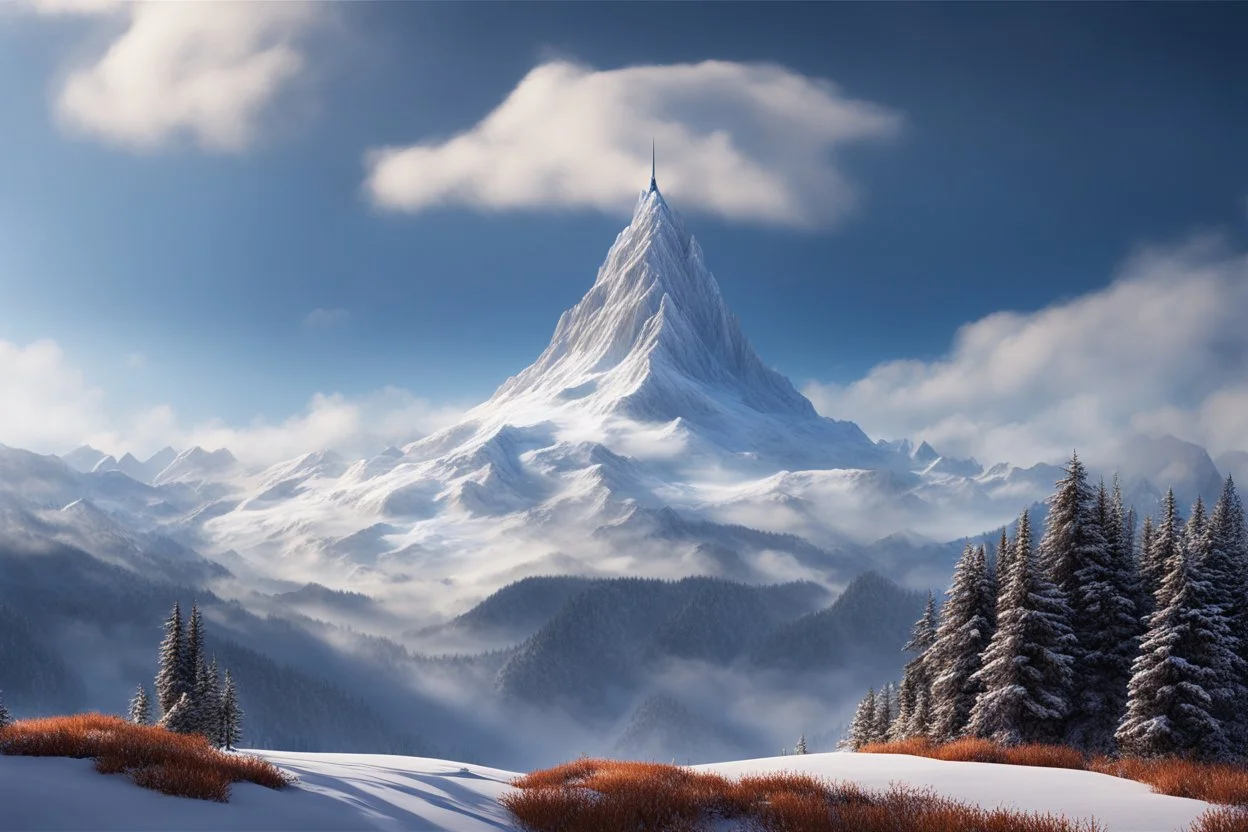 a snow-covered steep massiv mountain reaching into the clouds. On top of the mountain is a long needle thin tower. seen from the bottom of a valley. fantasy concept art, exquisite realism, a masterpiece, dynamic lighting, hyper detailed, intricately detailed, deep color, Unreal Engine, volumetric lighting , Epic cinematic brilliant stunning intricate meticulously detailed dramatic atmospheric maximal,