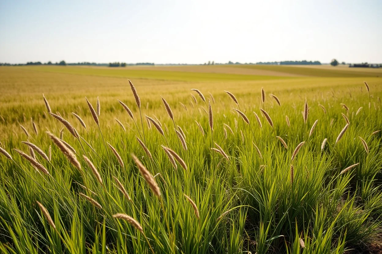 a short wild grass clearing next to an ideal farm field, sunny day, product photo setting, mid-level horizon