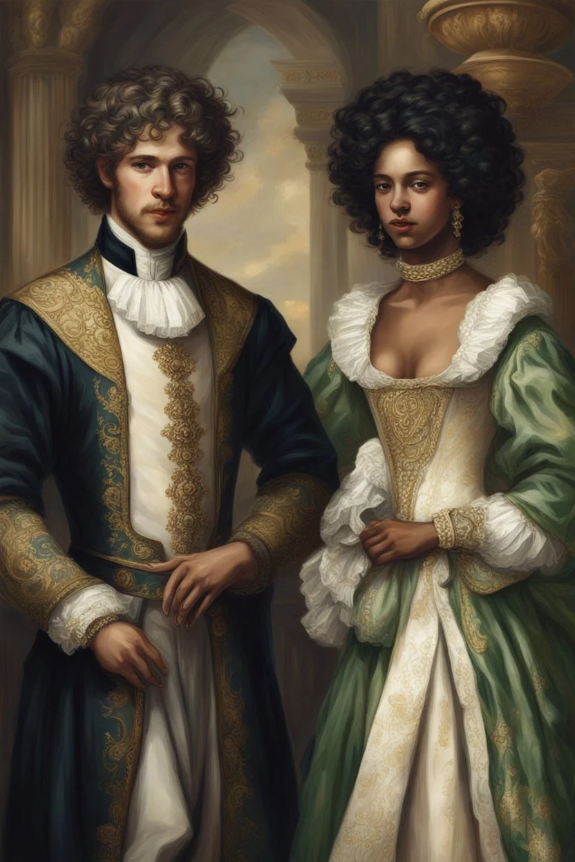 couple composed of a blonde man with green eyes and a black woman with black curls, dressed in aristocratic tunics