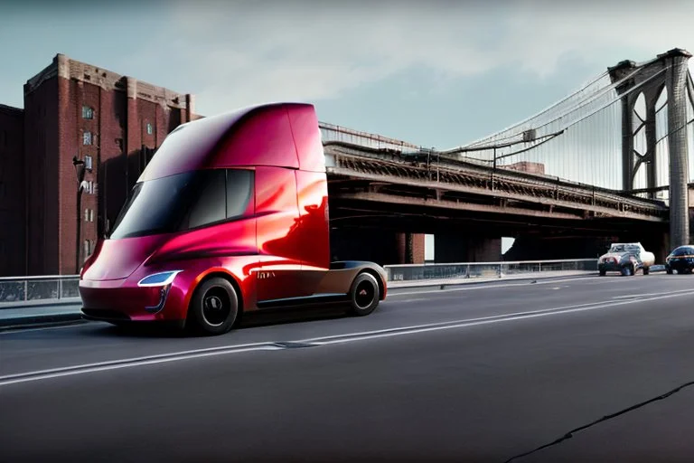 A Tesla 'Semi' (semi truck) is parked, on the 'FDR Drive', eastern Manhattan. (CINEMATIC, WIDE ANGLE LENS, PHOTO REAL)