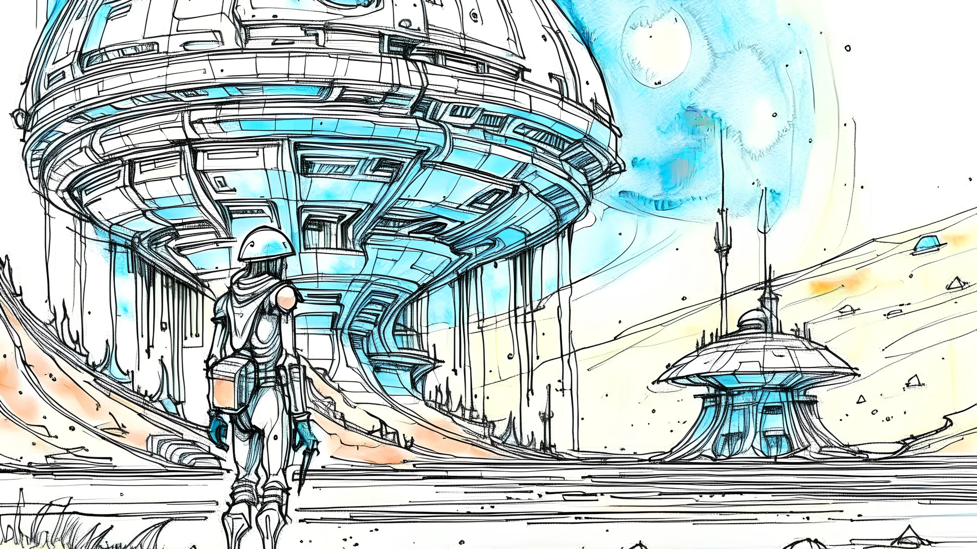 moebius line drawing style with watercolor of a spaceport with a pilot entering her space craft