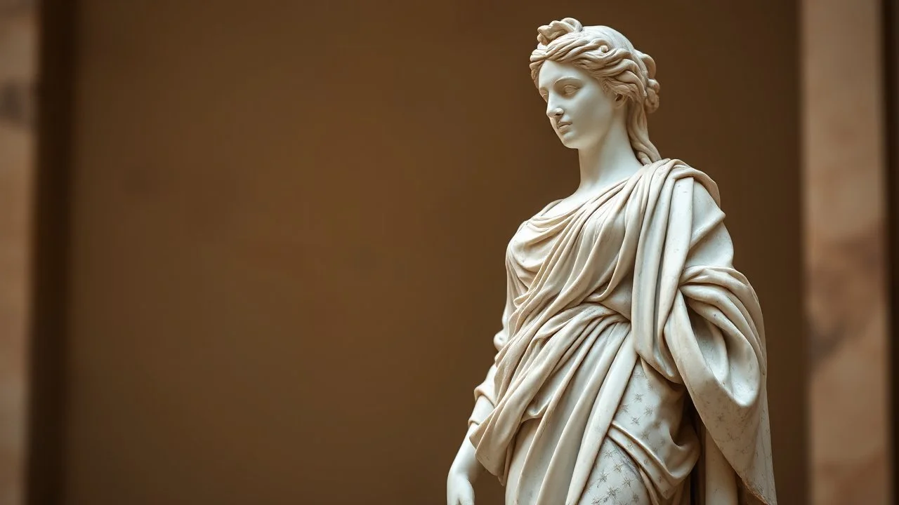 An elegantly poised sculpted figure, exuding a sense of creativity and sophistication, awaits in blurred anticipation. The subject, a marble statue of a Greek goddess, stands tall with intricate details in the flowing drapery and graceful pose. The artist's skill is evident in the delicate carving of the intricate patterns on her robe and the lifelike expression on her face. This high-quality photograph captures the ethereal beauty of the statue, highlighting its creative design and high-minded