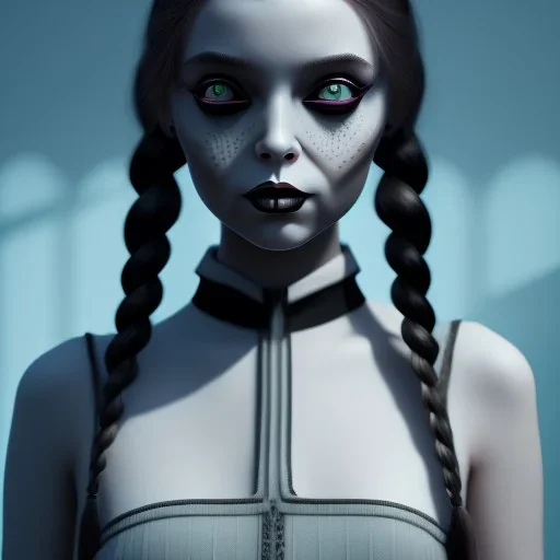 Wednesday Addams, Wednesday with braids standing with her arms crossed, dark, soft goth lip, hyper detail, octane render, unreal engine 5, photorealistic, 8k resulation