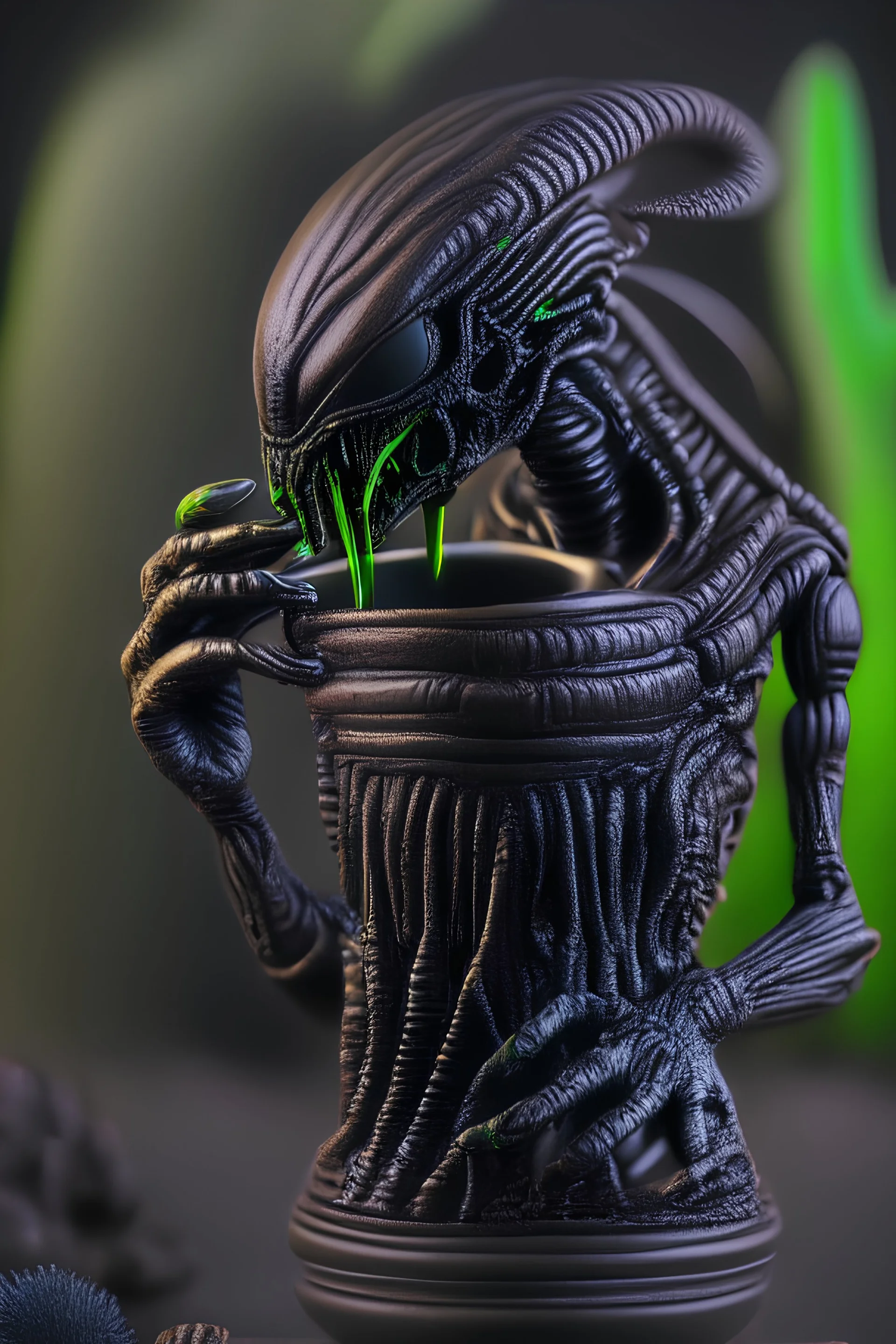 an extremely realistic highly-detailed 4k image of a muscular lean black metallic xenomorph alien in the style of H R Giger and an extremely realistic highly-detailed 4k native human shaman, the shaman hands the alien a small brown clay cup,dark color palette, a dark trippy colorful landscape, thick dark green vegetation, 35mm, medium shot