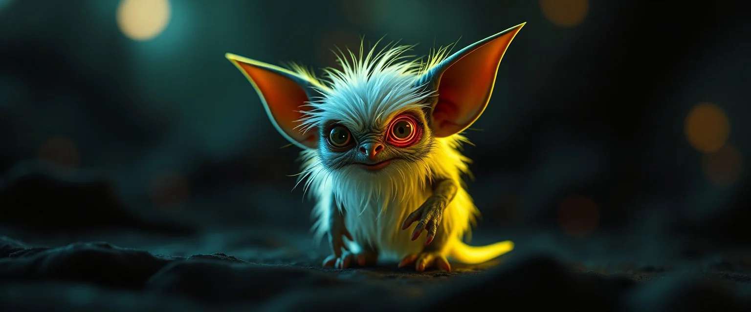 pen outline with some neon airbrush, glowing quickling gremlin in the shadows with long fluffy white fur, pin hole camera, 3d motion blurred background