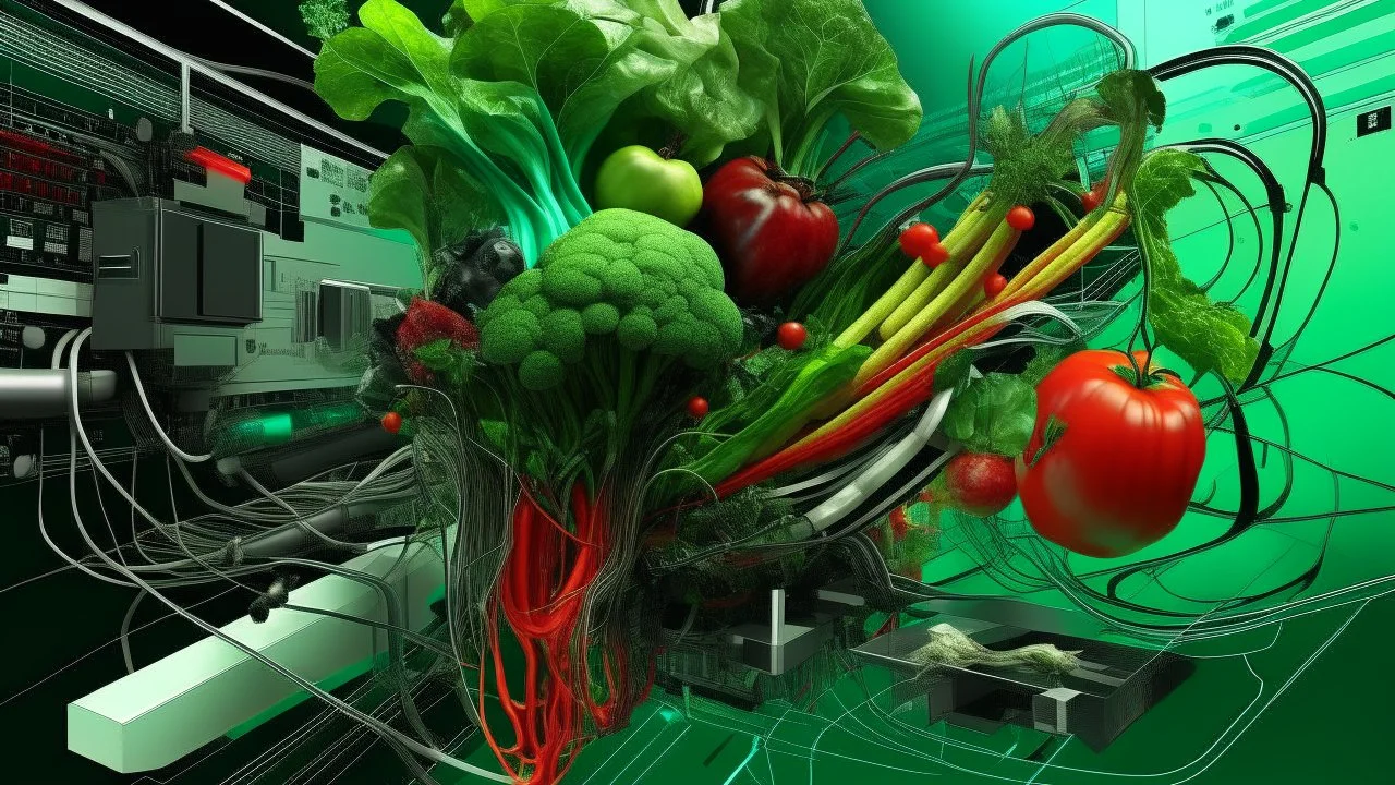 An abstract collage of various vegetables intertwined with futuristic cybernetic enhancements