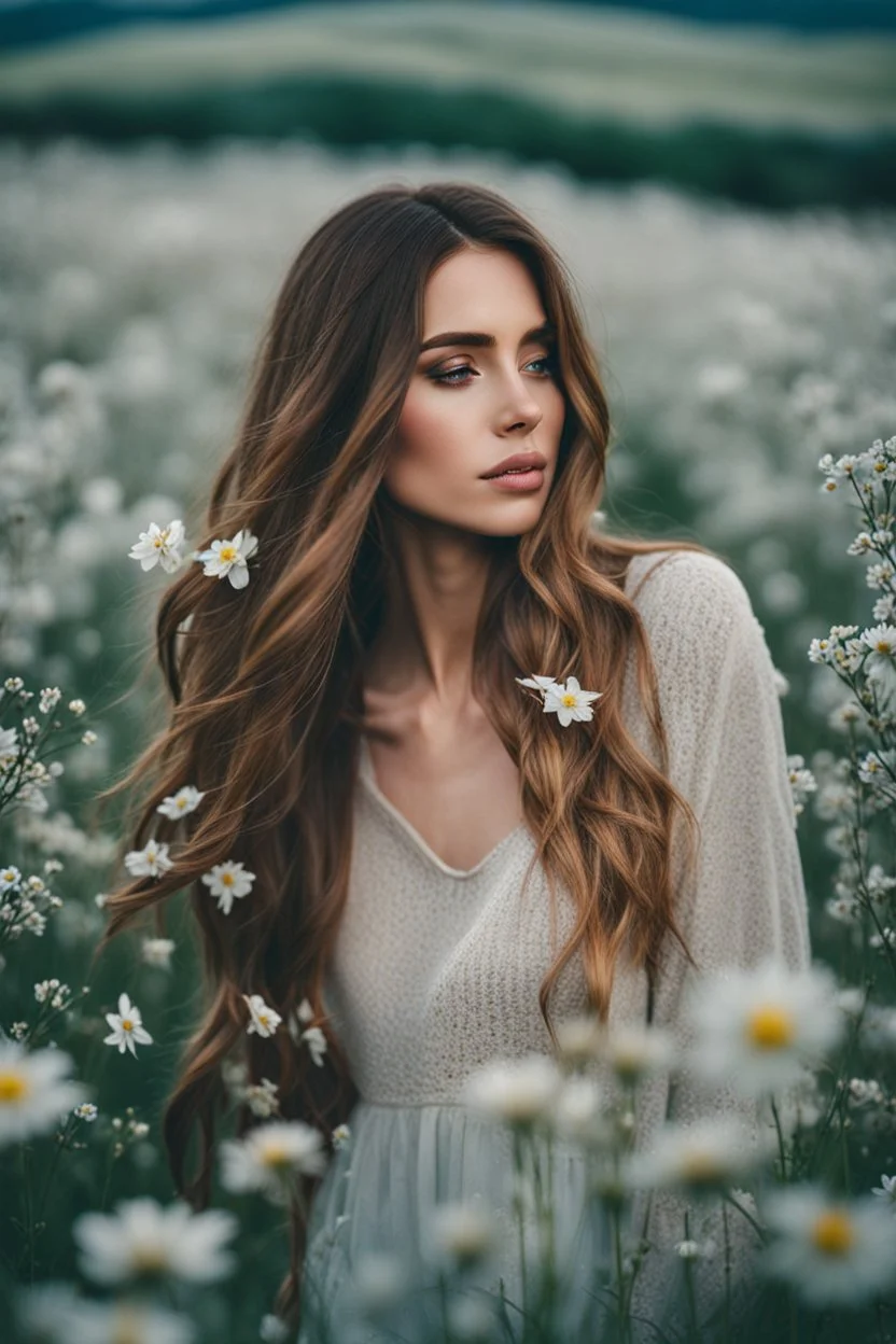 a stunning woman with long hair standing in the middle of a field filled with blossoming flowers. She appears to be enjoying the serene environment and her surroundings, cinematic