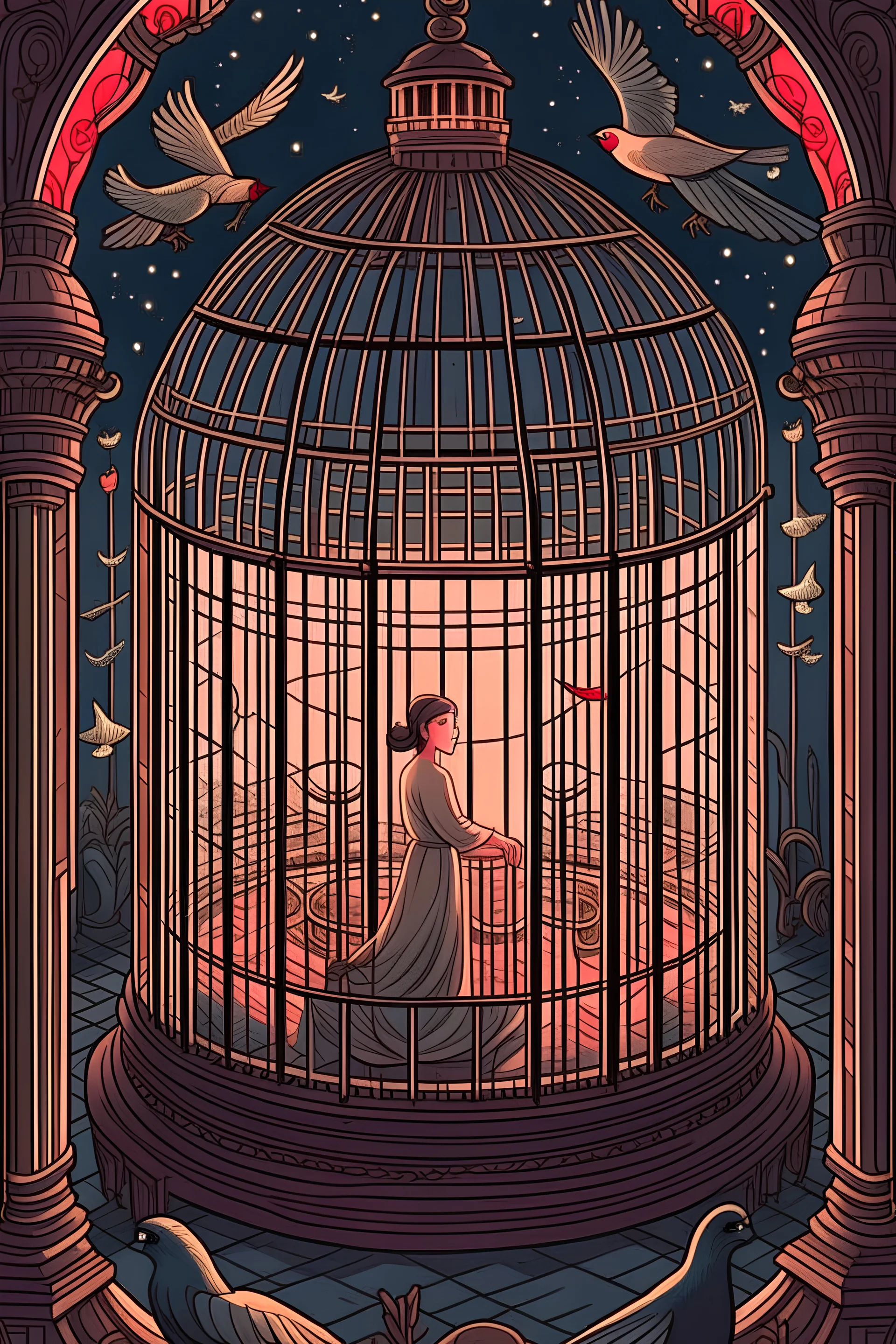 I needed to create a non-realistic illustration in a fantasy style, expressing the theme of freedom. The picture adopts an overhead perspective, and the content is in a dark, luxurious, retro banquet scene. The main subject of the picture is a huge birdcage, and in the cage is the scene of a luxurious banquet. Outside the cage are scenes such as dilapidated beams. In the upper part of the painting, outside the cage, a sheet of feathers falls in the sacred overhead light