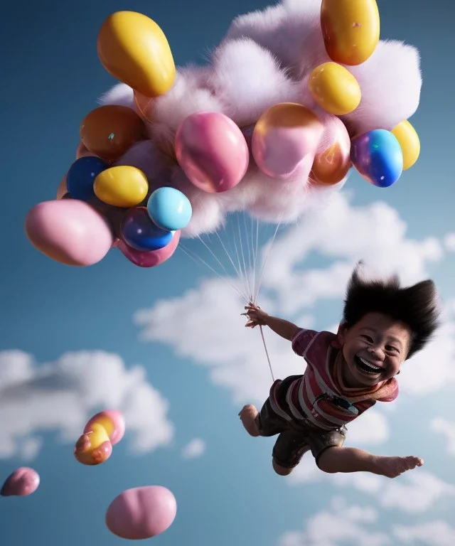 Ultra realistic speed clouds sky scene, wide angle view, childs falling down with many Childs background, rabbit head, circus dress style, feather color, free jumping flying, many trinkets, hair monster, many jelly beans, balls, color smoke, smile, happy, extreme, wind, clouds sea, 20,000 feet altitude, stratosphere, soft color, highly detailed, unreal engine 5, ray tracing, RTX, lumen lighting, ultra detail, volumetric lighting, 3d, finely drawn, high definition, high resolution.