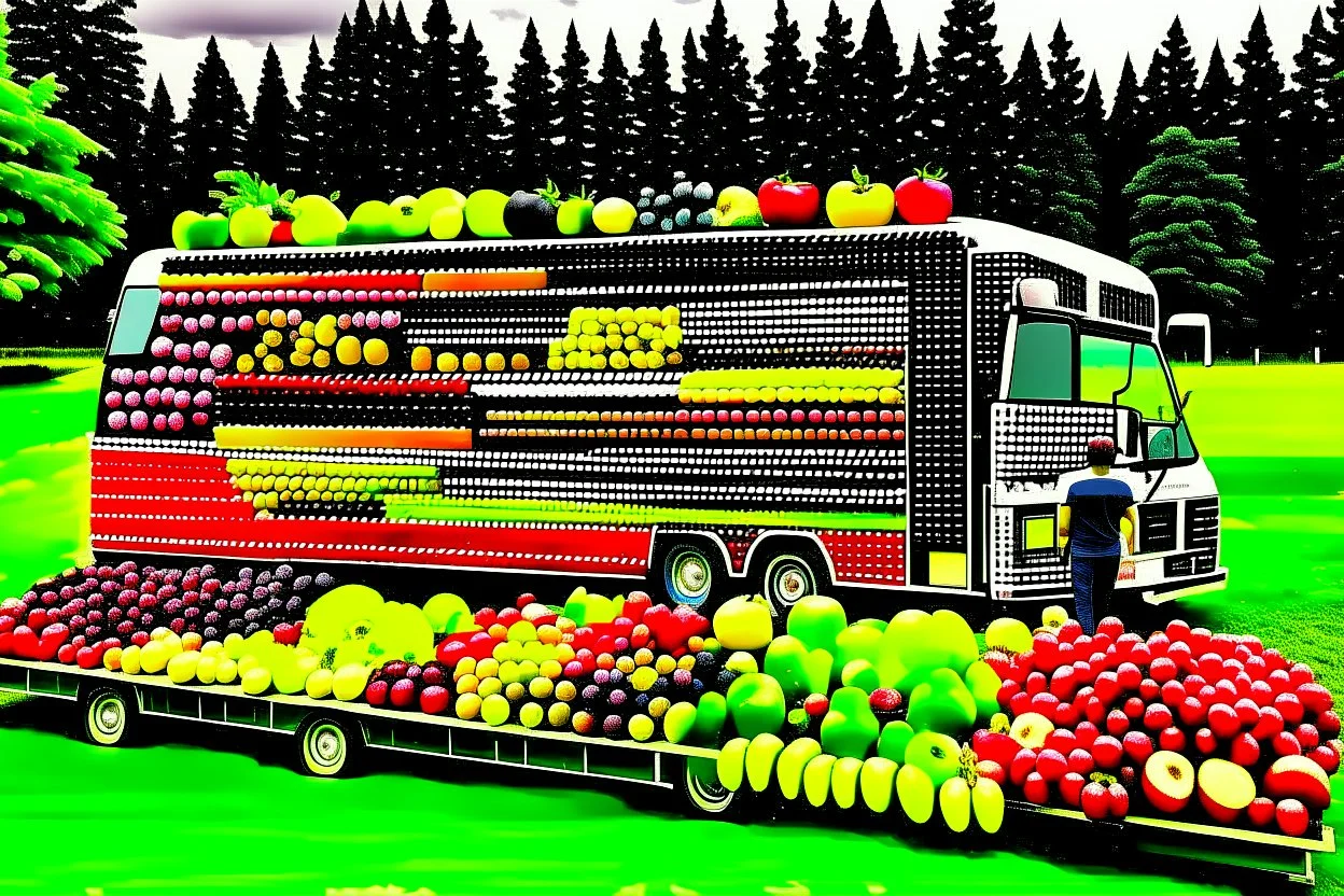 Captivating photo of a large truck full of variety of fresh fruits. The truck's exterior is adorned with an eye-catching "Fruits Express" logo. The fruits spill out of the truck, creating a large carpet of fruits on the grass, around them there are people from various backgrounds collecting the fruits with enthusiasm. The atmosphere is one of joy and happiness, with a clear summer sky.