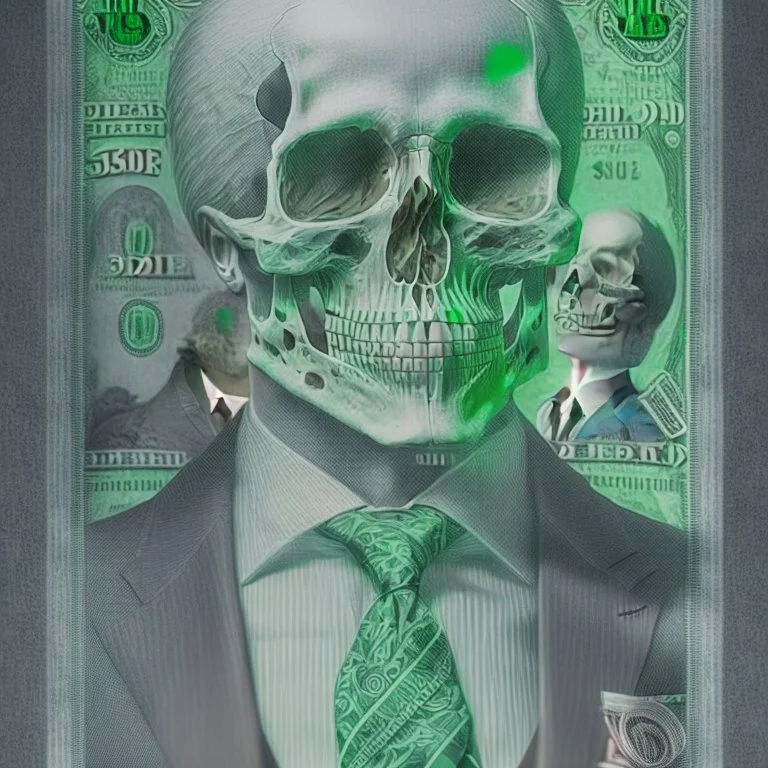 a head and shoulders portrait of a skeleton dressed in a three-piece suit as the president of the united states, based on us currency, united states one dollar bill, shades of green, real-life, colors match the united states one dollar bill, realistic, robotic, black and white