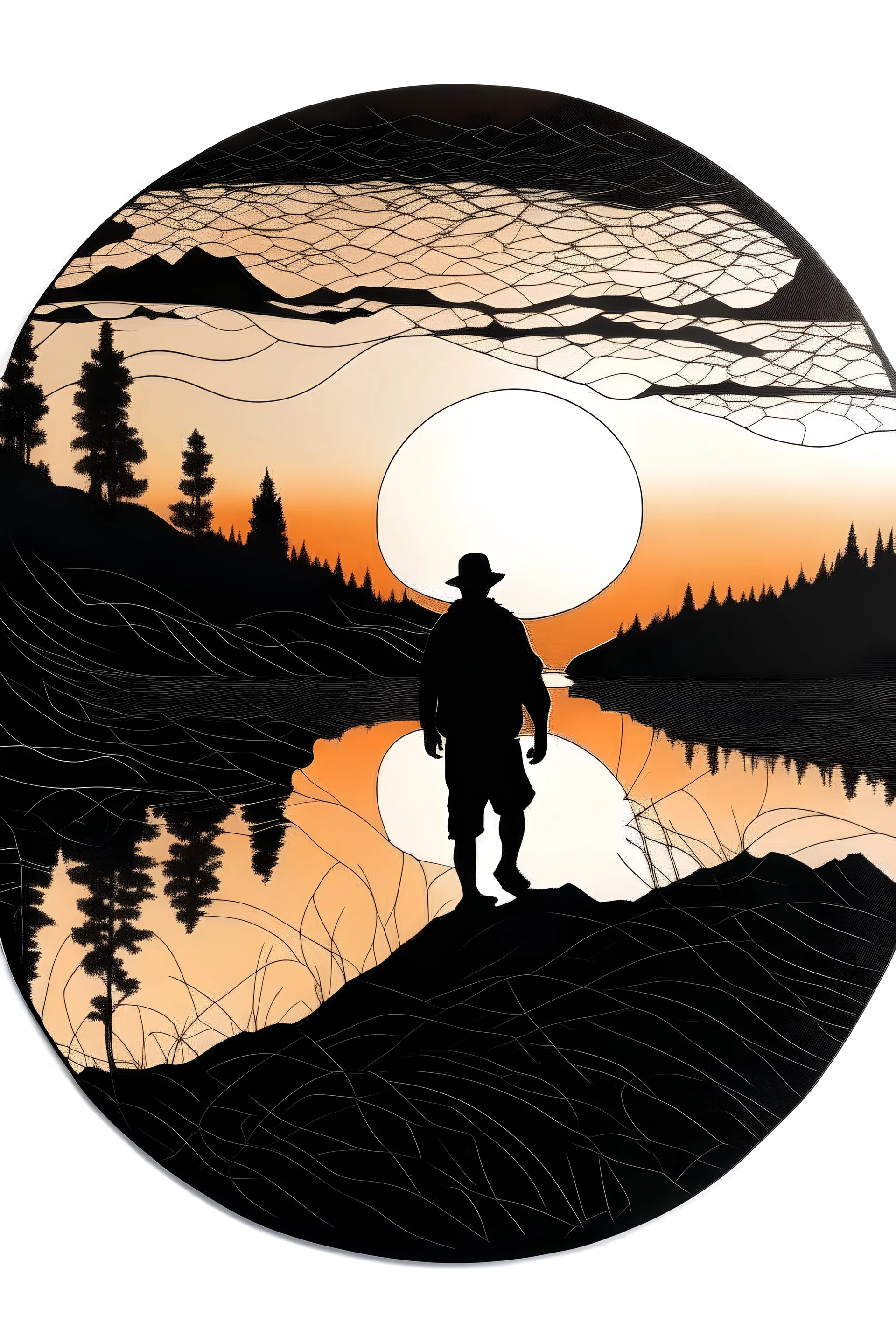 circlular edge made from small outdoor drawings. inside circle a silhuet hiker walking next to a lake in a mountain scenery in sunset