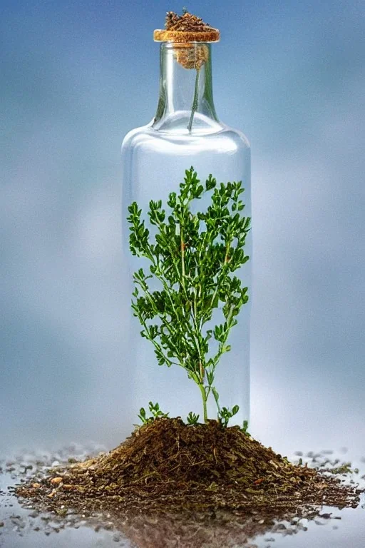 Thyme growing in a bottle beautiful landscape, realistic and natural, detailed full-color , nature, HD photography, Galen Rowell, David Muench, perfect composition, gloss, hyperrealism