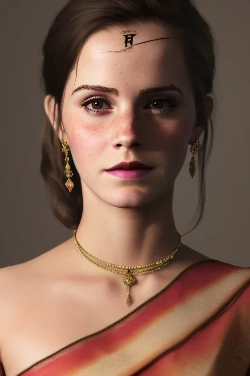 wonderful Emma Watson woman, wearing indian clothes, long black hair, 4k, many details, very realistic, render, fog particles,