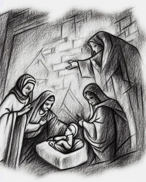 Nativity scene bomb rubble Ukraine baby pencil sketch