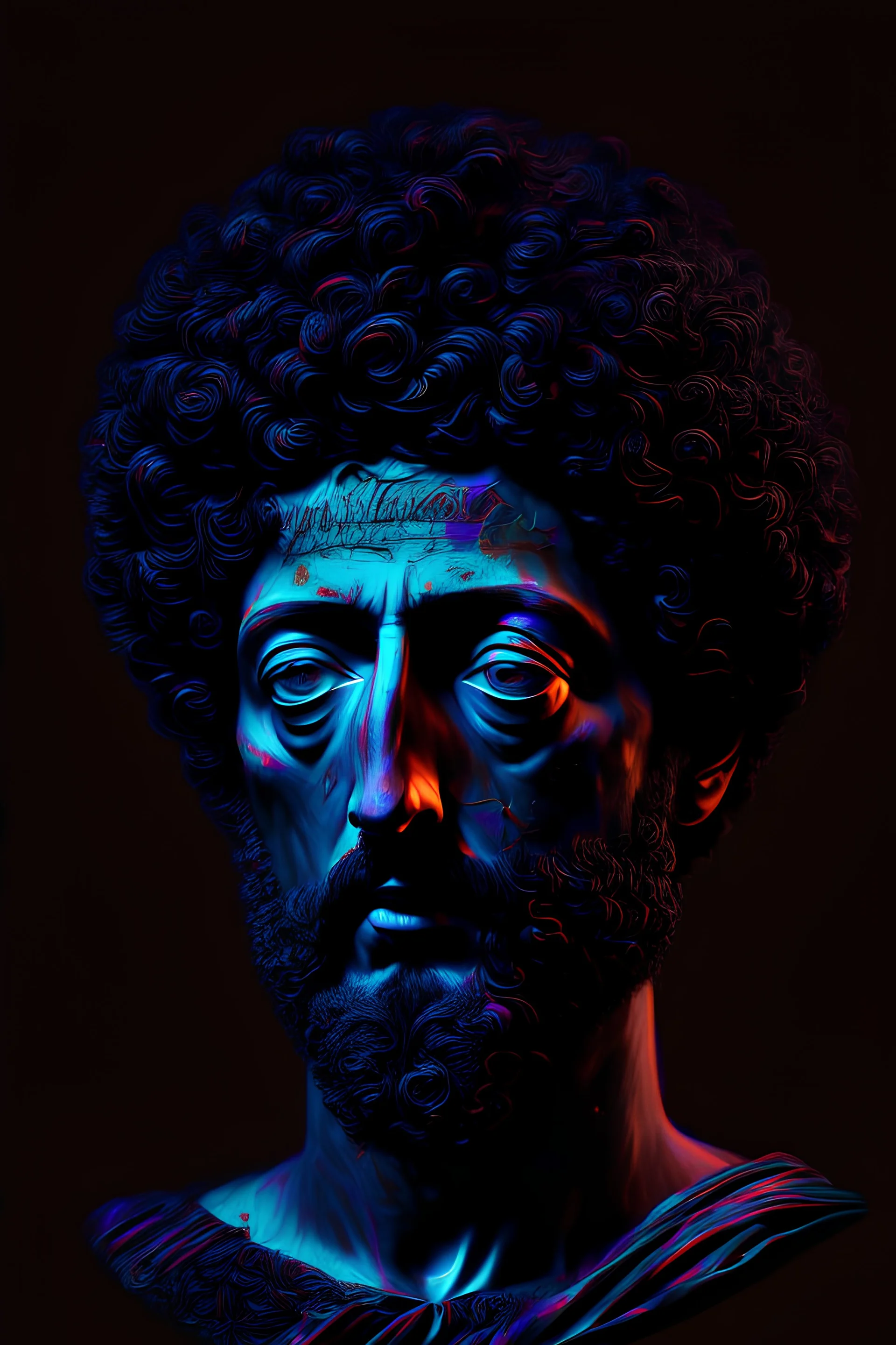 portrait of Marcus Aurelius, 4k quality, surreal, vivid, dark black hair, abstract art, emperor,