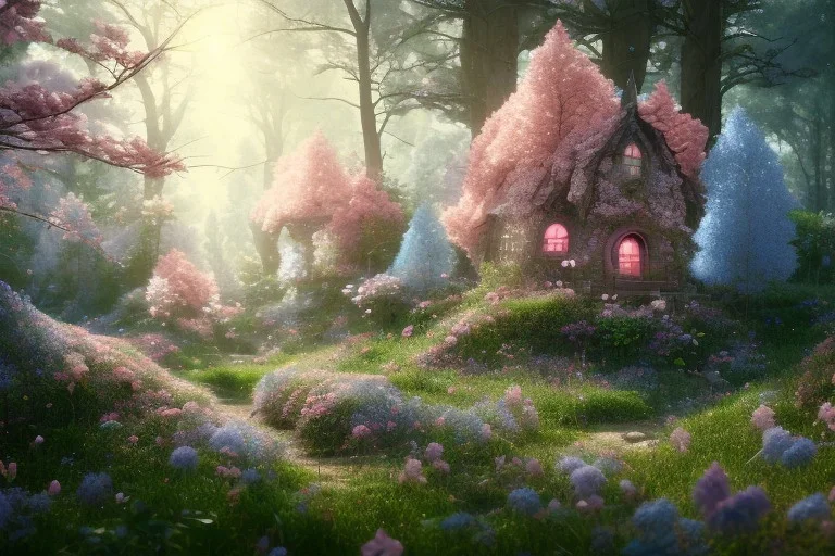 a cute flowering fairy house pink and blue in the forest, spring time, 8k, flickering light, centered, high-quality, fine-detail, digital art, detailed matte, volumetric lighting, illustration, 3D octane render