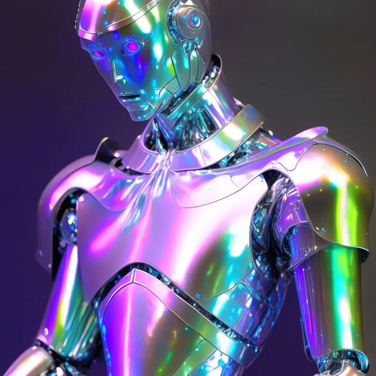 a male robot wearing a iridescent cloth