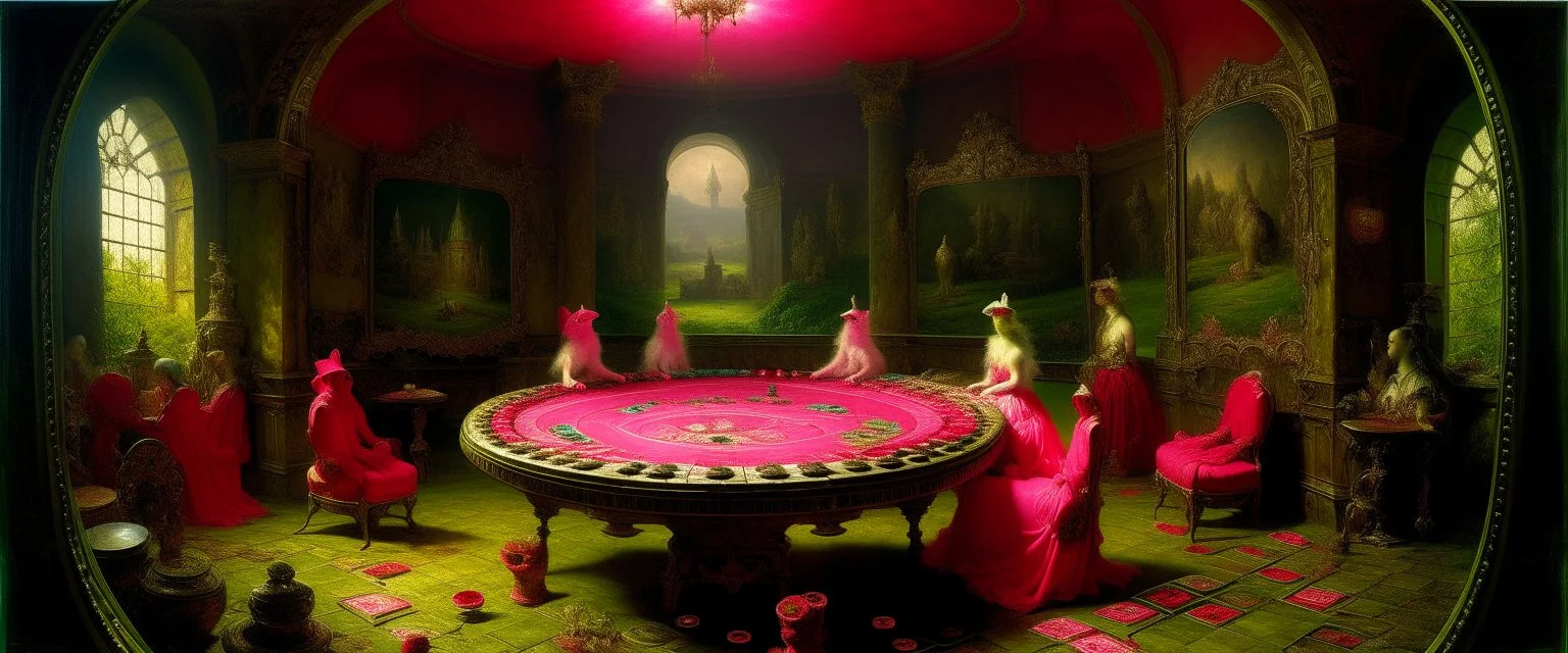 A pink magical casino with runes painted by George Inness