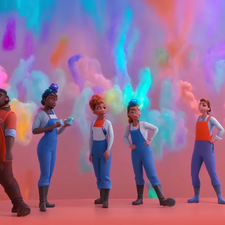 group of scientists is in the laboratory. invent new colors. smoke rises from multi-colored glassware. they are wearing overalls. color swatches in the background. hyperdetailed, orange and teal, warm colors, detailed painting, photorelistic, oil on canvas, light dust, futuristic. volumetric lighting