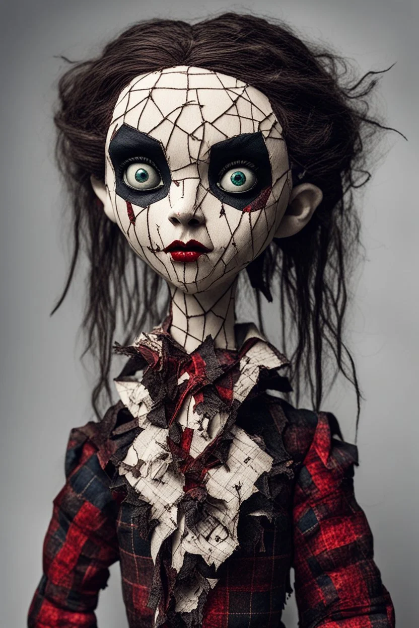 full color, illustration of a dark menacing Scottish vampire girl, tall and willowy , as a decayed, broken, crude homemade patchwork cloth doll toy, with a cracked porcelain face, thick dark eyebrows, hair made from ragged strips of cloth, in the style of Nadya Sheremet