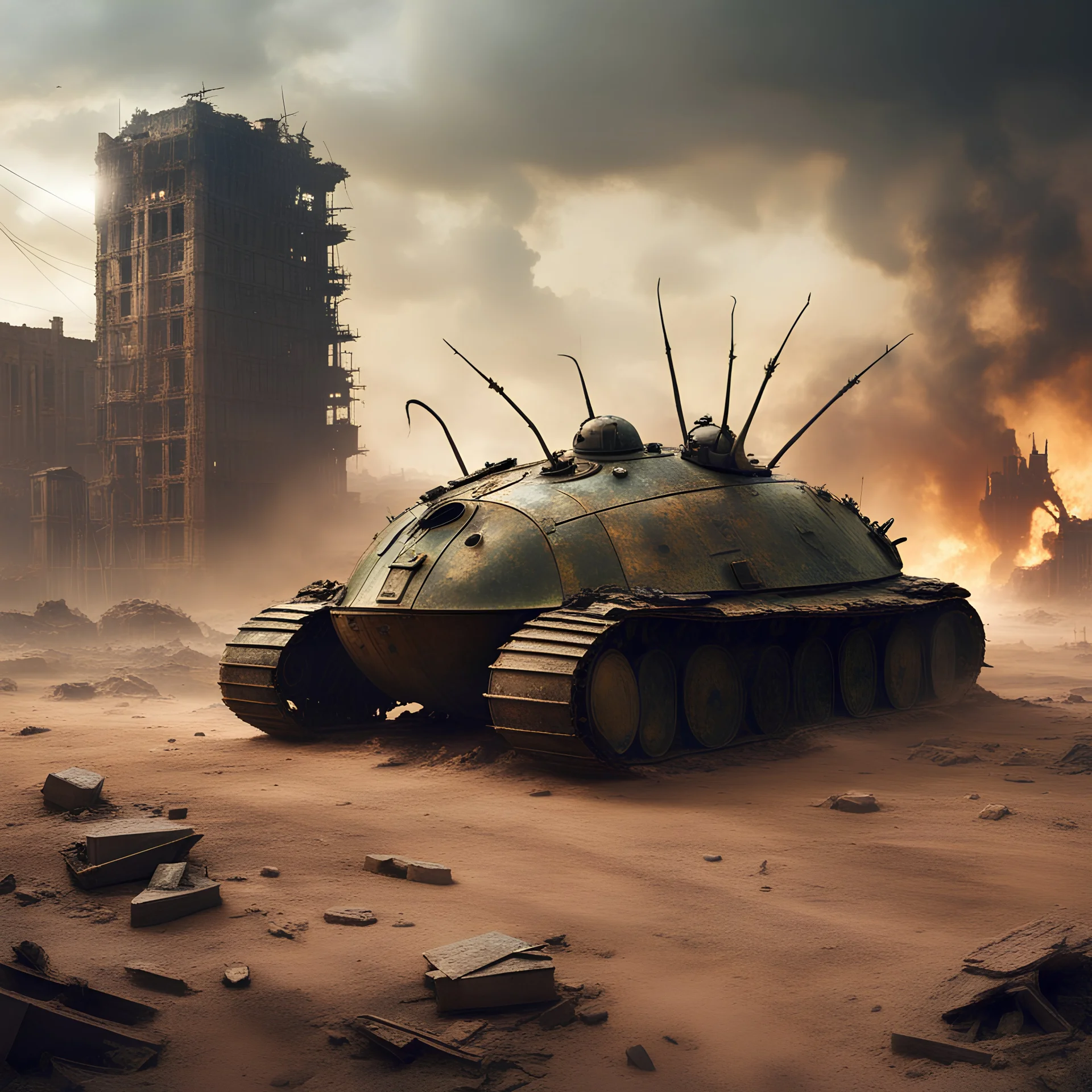 nasa photo apocalyptic , atmospheric ancient beetle Tank with ruined city night war zone