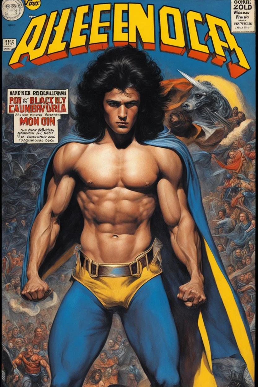 What 20-year-old Elvis Presley would look like if he was an extremely muscular superhero with long, spikey, teased up, big black hair,