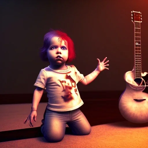 3d render, Alice Cooper toddler, full body, guitar, dramatic lighting, volumetric lighting, music studio background, hyper realistic, unreal engine 5, 8k, UHD,