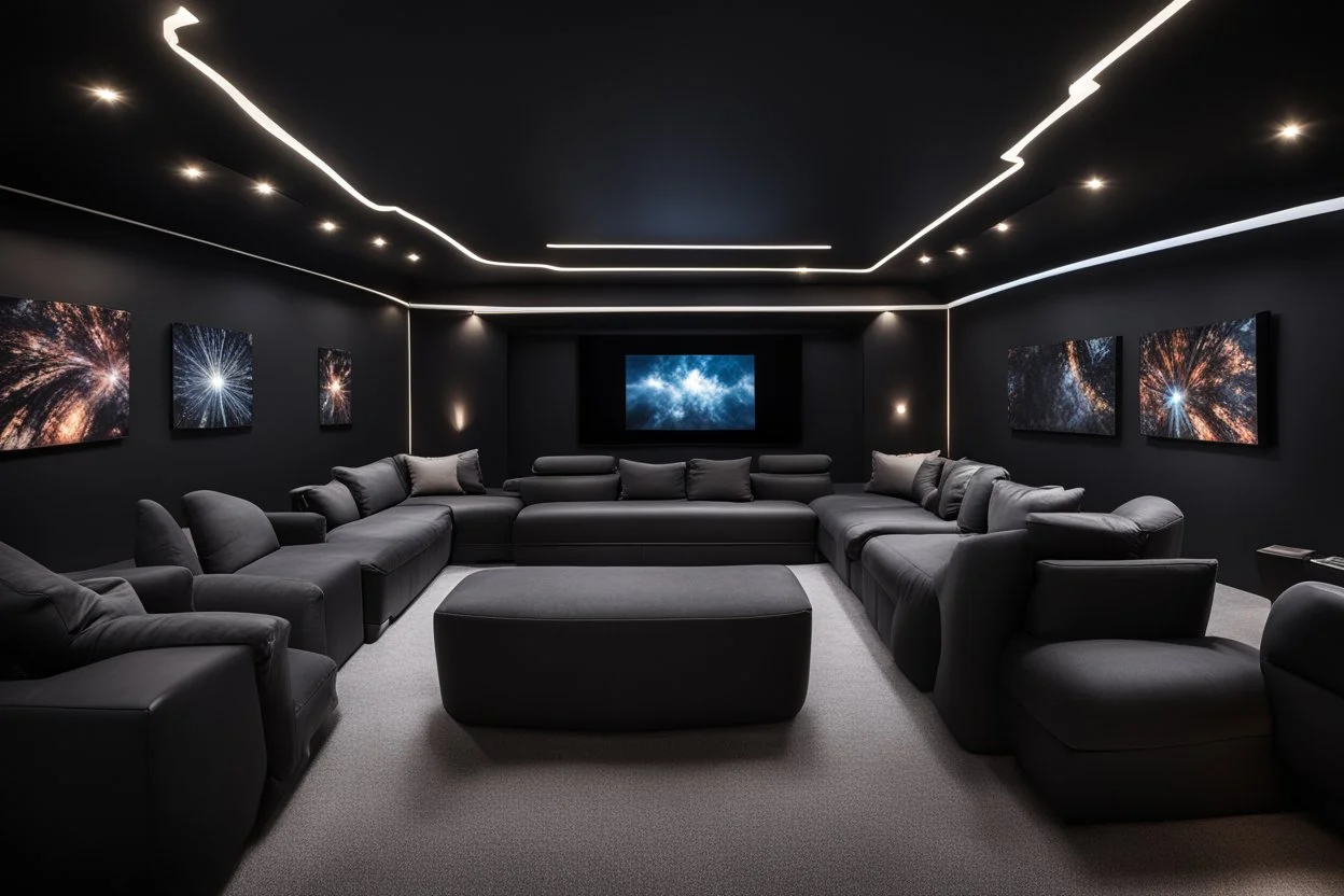 a black themed dedicated home cinema room with LED ambient lighting in the walls make sure the room is completely symmetrical