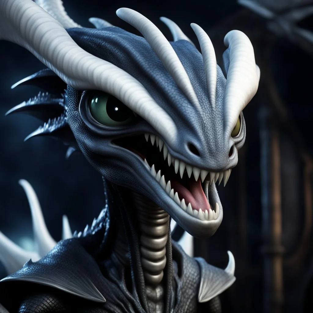 alien xenomorph as a disney dragon like in "how to train your dragon" with big white eyes and a goofy look on its face