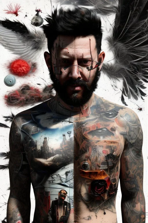 a surreal collage in ultra-realistic 8K quality depicting a tired and stressed man as the central focus, he is half naked and covered with trendy tattoos, huge black wings behind him, surrounded by an explosive array of distant smoke, ghostly figures, Barb wire and black feathers seamlessly coming together to form a unique display. Incorporate thick impasto-style oil paint spots in various areas to enhance the surreal and exceptional nature of the image