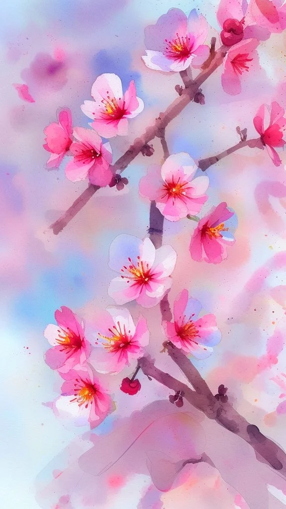 Blooming cherry flowers, watercolor, watercolor painting, beautiful flowers, spring, beautiful painting, sky