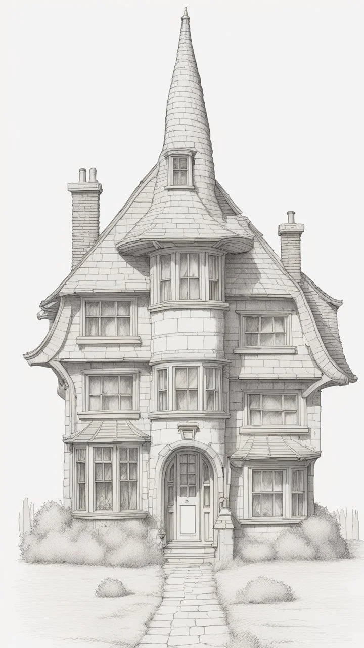 A highly detailed front elevation line drawing of a crooked fantasy house, with a twisted tall chimney, rooms and floors added to the sides and roofs, like Harry Potter's the Burrow.