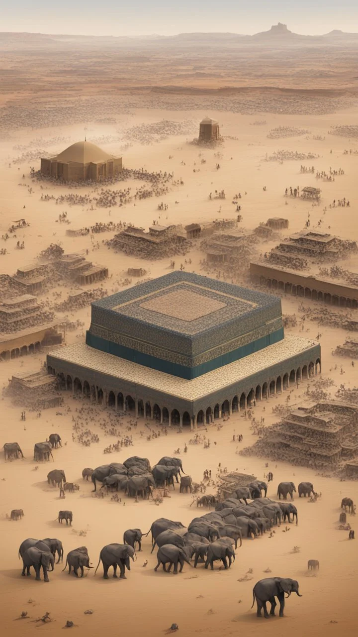 A picture of the Kaaba in the desert, surrounded by small old houses, and a large army of elephants and horsemen besieging it.