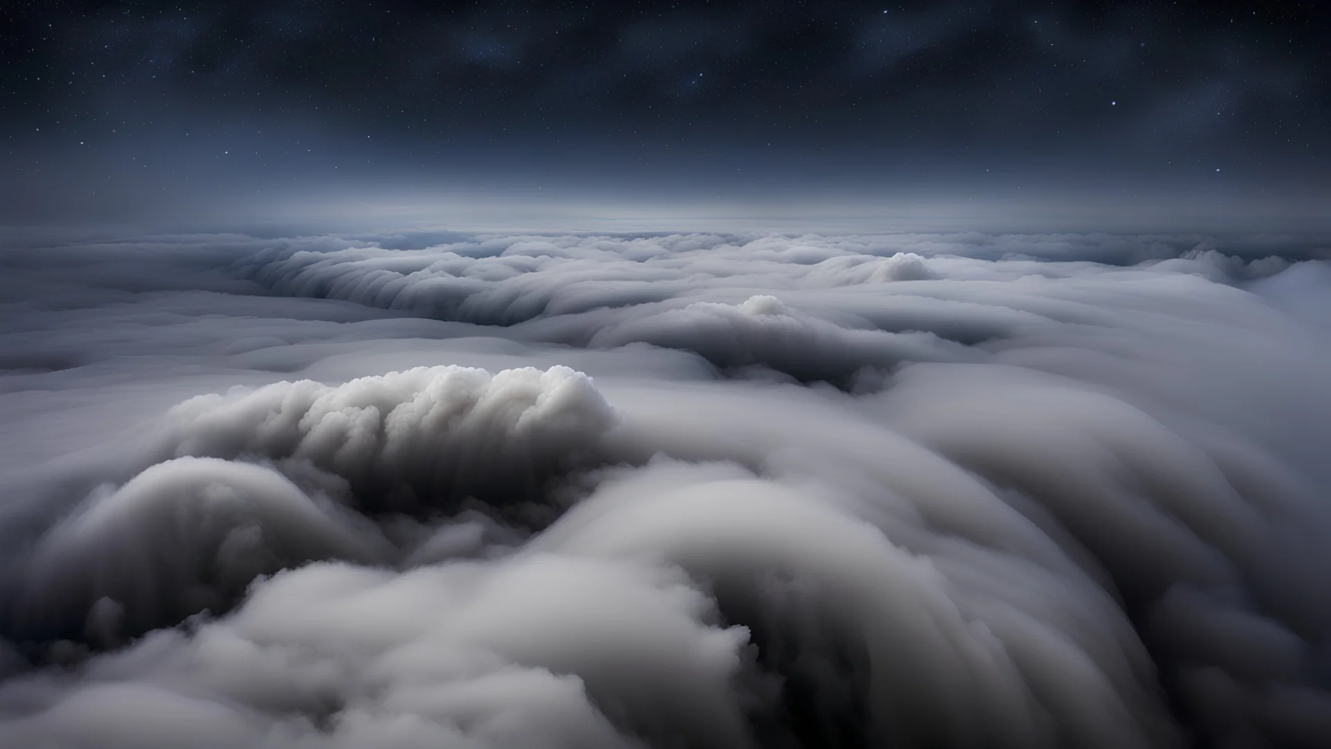 looking down from space at a sharp angle at the mist and clouds and storm, surrounded by the mist at night starry sky. majority of the image is space