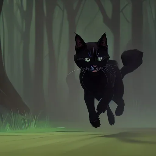 Gato negro corriendo en un bosque oscuro