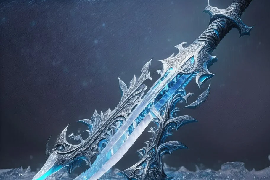 A fantasy greatsword that is a slender, translucent blade made of ice. Its hilt is crafted from swirling vines, leading to a vibrant crystal at the pommel. With a black background behind it. HD