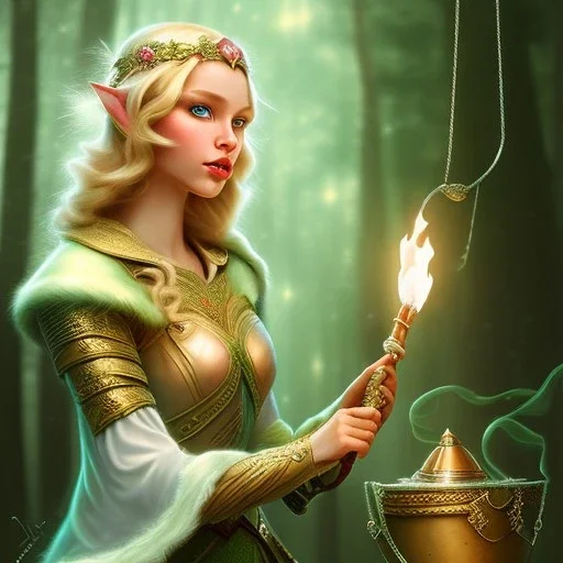 romantic fantasy spray painting, portrait of cute green eyed blonde robed elf poet with cute ornament,sitting in swing, loosing torch in magical forest