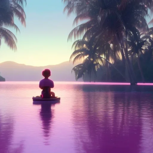 the camera is far away and there's two people sitting from behind looking at a lake, t's sunset there're a lot of shades of pink and purple, flashing. the lake is reflexing tiny lights, magic universe atmosphere, cinematic atmosphere, 8k, octane render, unreal engine, , by Asaf Hanuka