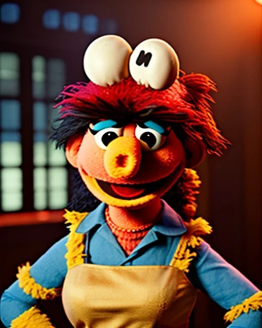 waitress woman with Sesame Street muppet mask-head, concept art, retro style, smooth, unreal engine 5, god lights, ray tracing, RTX, lumen lighting, ultra detail, volumetric lighting, 3d.