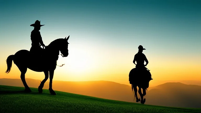 Silhouette of a lone horseback rider on the green hill at sunrise